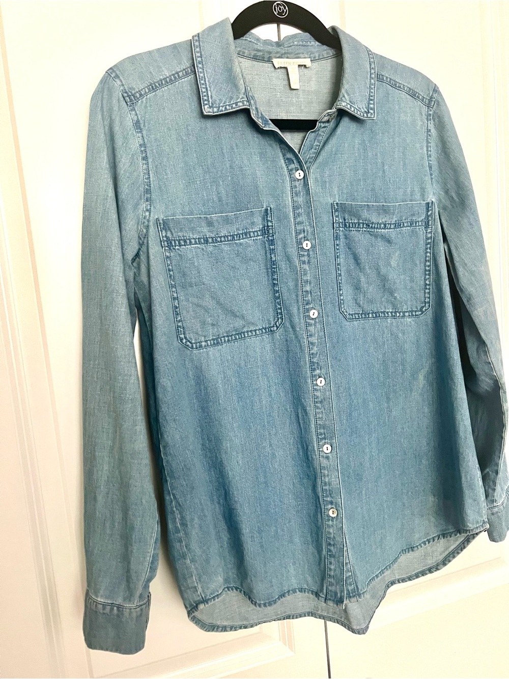 Eileen Fisher Light Wash Chambray Button Down Shirt, Size Small - Picture 5 of 12